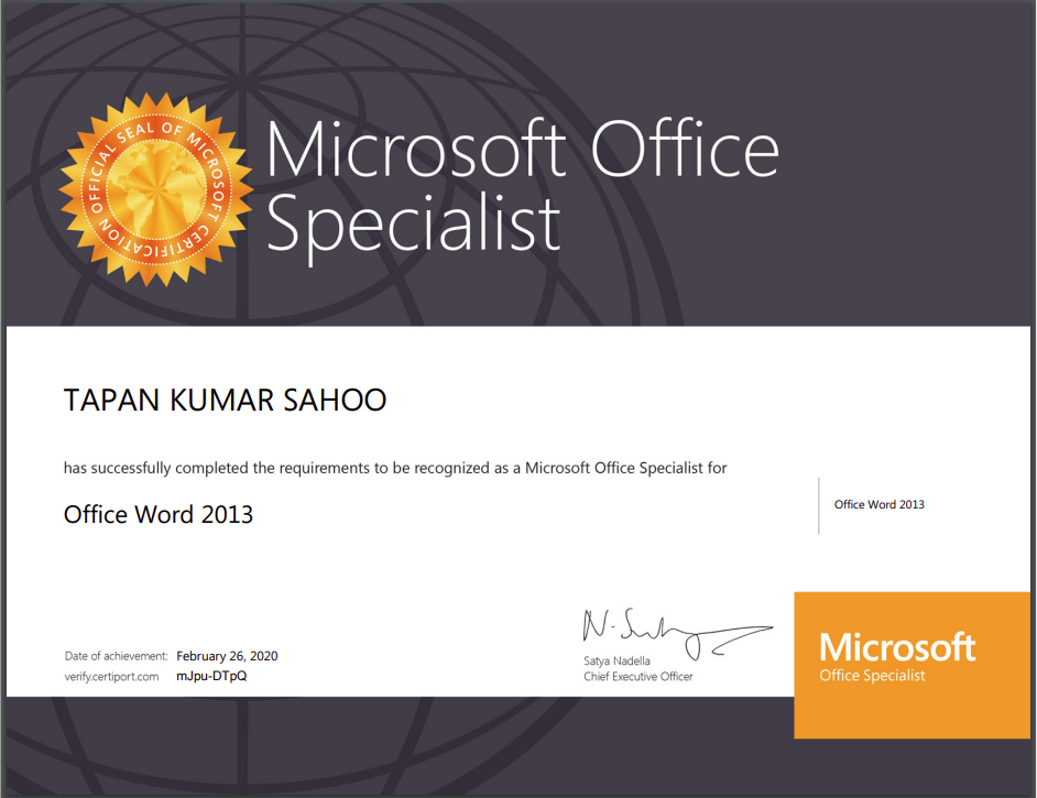 Sample Microsoft Word Certificate , from Microsoft Platform